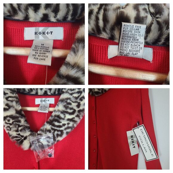 3 for $30 -Vtg Kikit Red Sweater Cardigan Animal Print Faux Fur Removable Collar - Picture 6 of 8